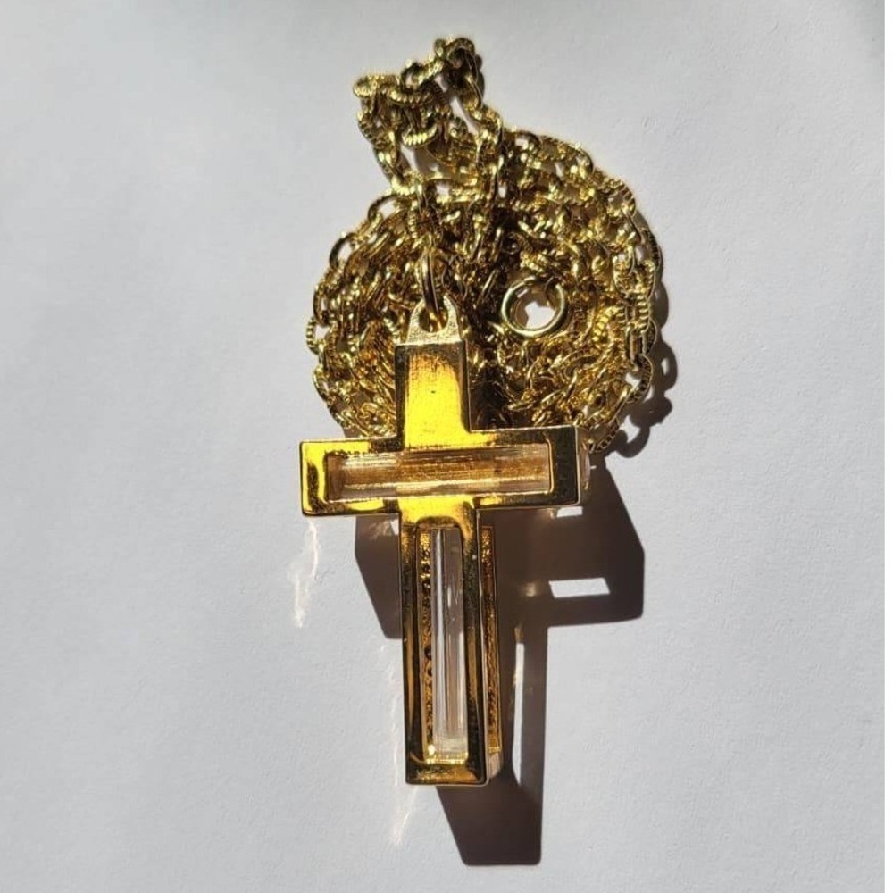 Gold Tone Cross Necklace Made in Israel Clear Crystal Accents Holly Water & Sand